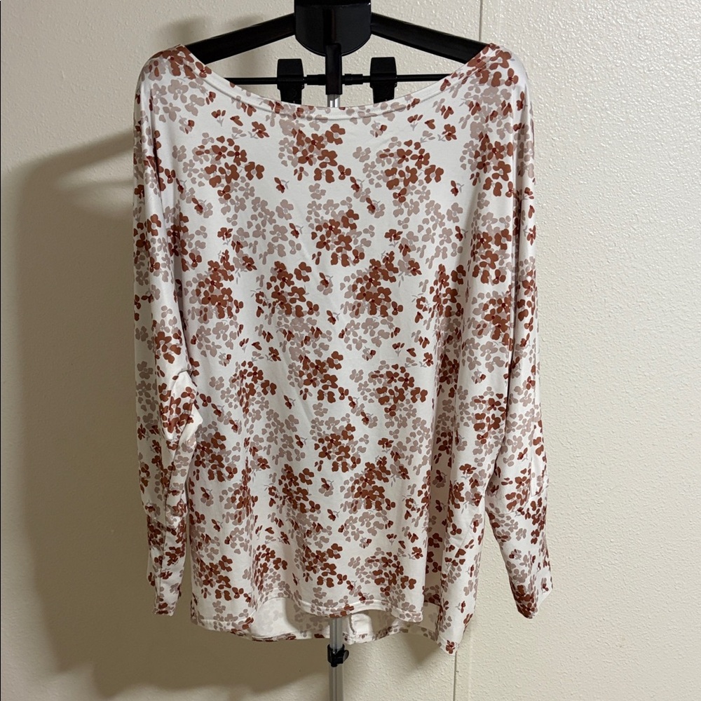 Elegant Floral Long Sleeve Top - Cream and Brown